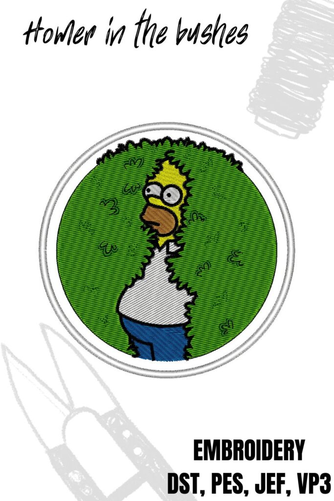 Homer Simpson in the bushes meme, patch design for embroidery machine