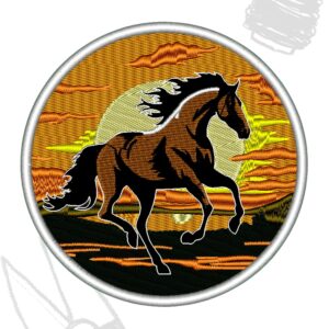 Horse in sunset patch logo, embroidery machine design 4 sizes. Ideal for Janome, Brother, Baby lock